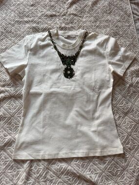 Prada White Short-Sleeve Tee with Green and Dark Metallic Jewel Appliqué